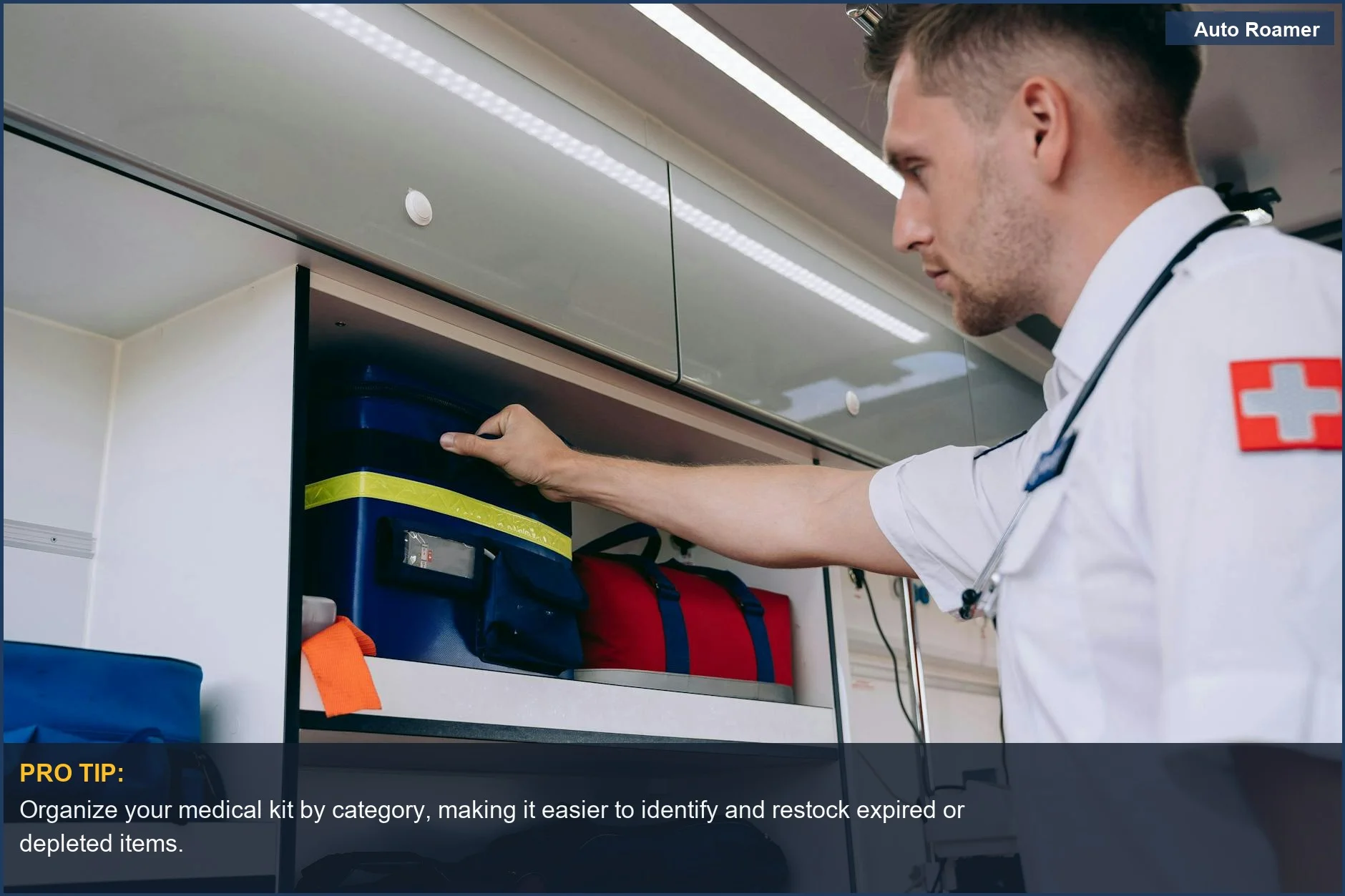 Paramedic organizing medical supplies on an ambulance shelf, highlighting preparedness for restock camping first aid.