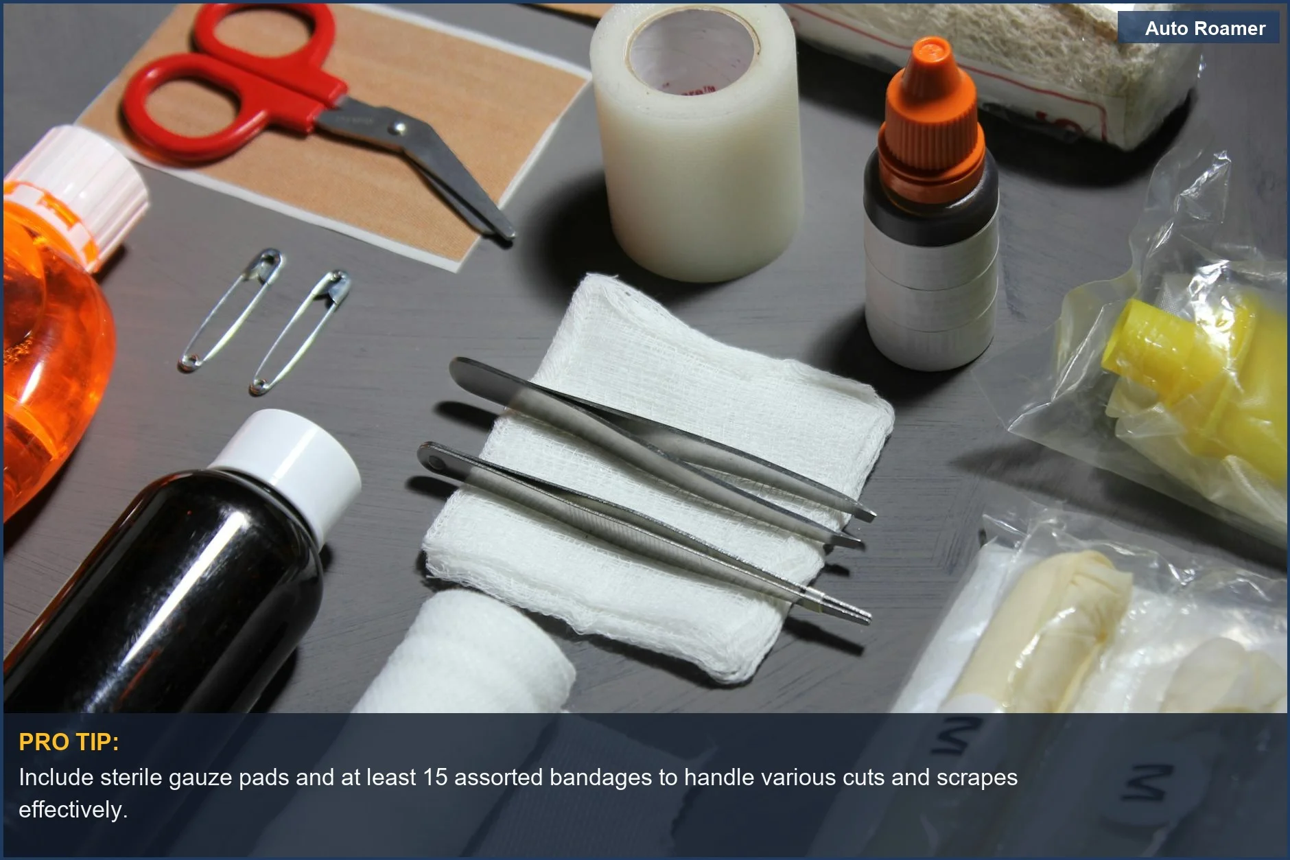 High-angle view of car emergency supplies like bandages, gauze, and disinfectants for roadside incidents.