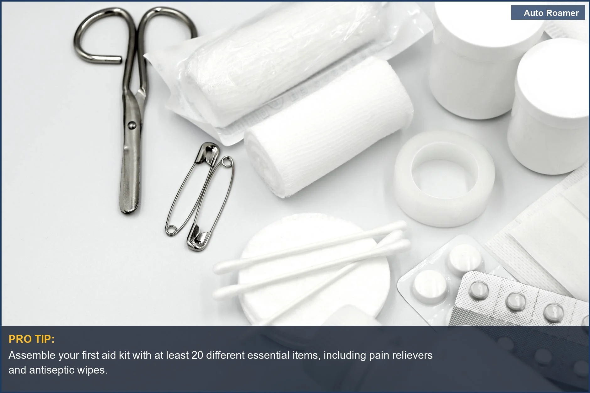 Essential first aid supplies for a road trip emergency kit, including bandages, scissors, and medication.