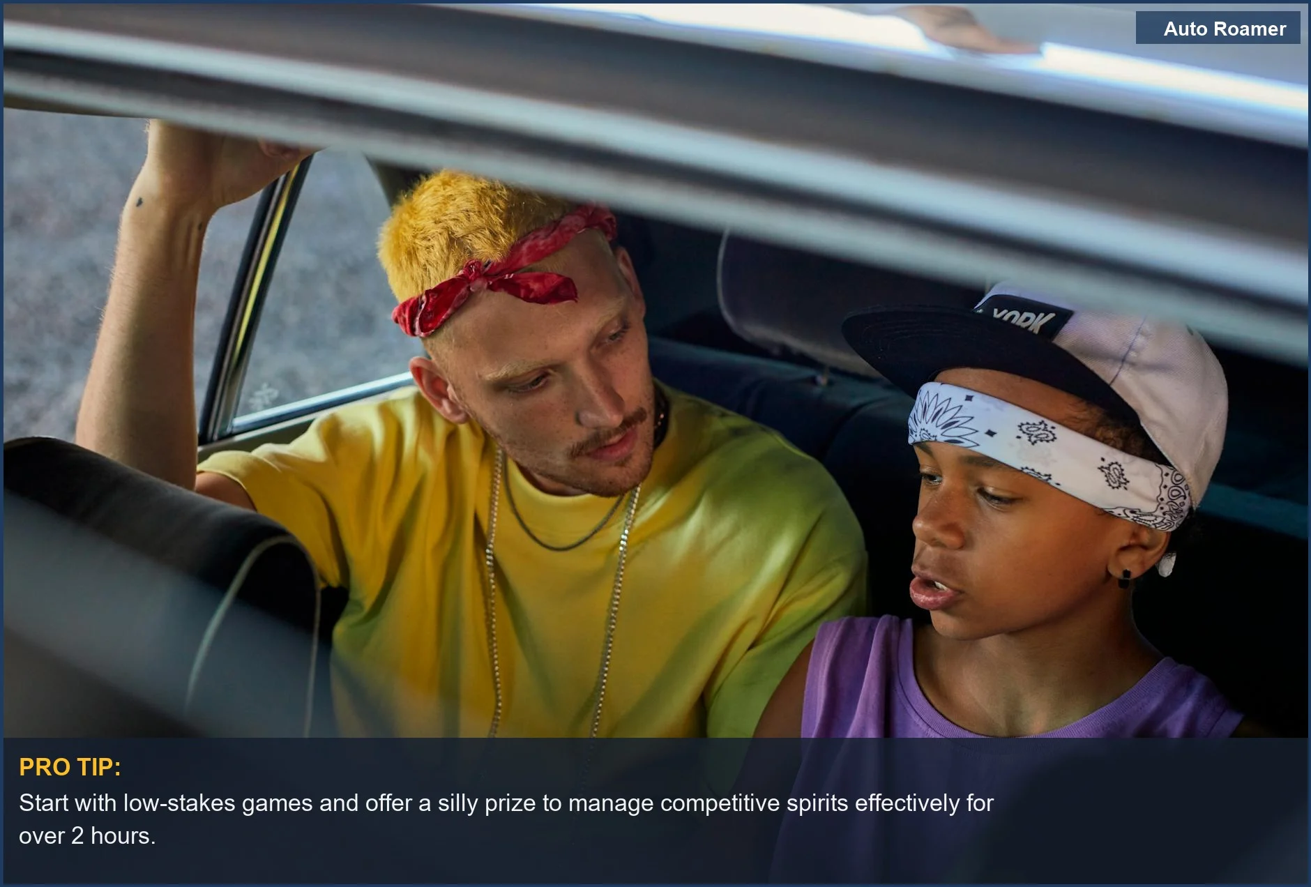 Stylish friends in a car's backseat chatting, ideal for discussing competitive road trip games for adults.