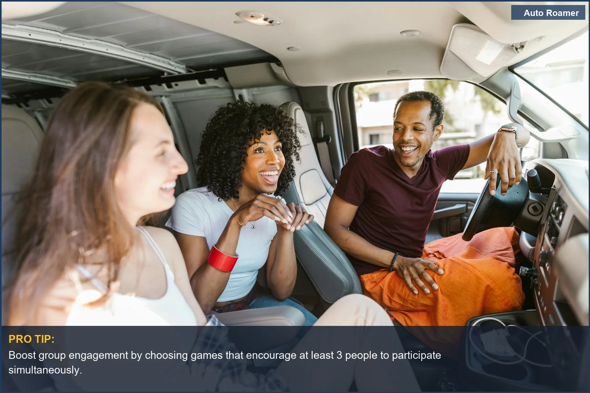Friends laughing on a fun adult road trip, enjoying games and conversation inside a van.