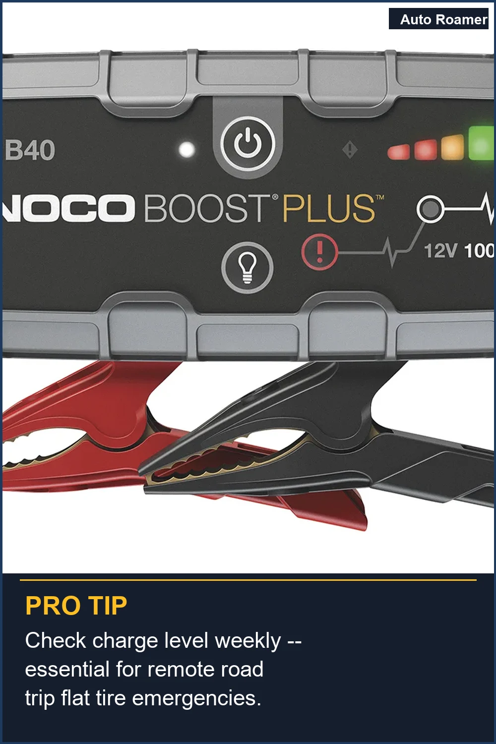 Check charge level weekly -- essential for remote road trip flat tire emergencies.