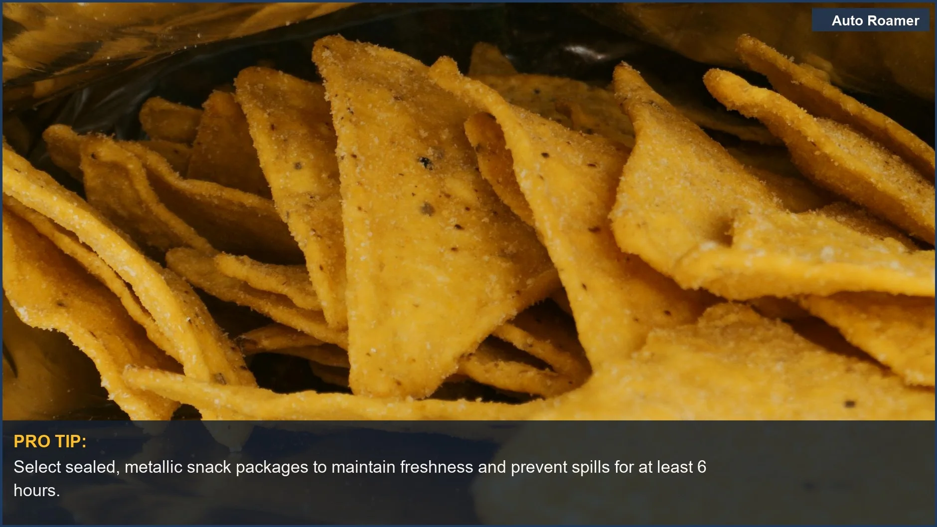 Close-up of crispy nacho chips in metallic packaging, ideal for long drives.