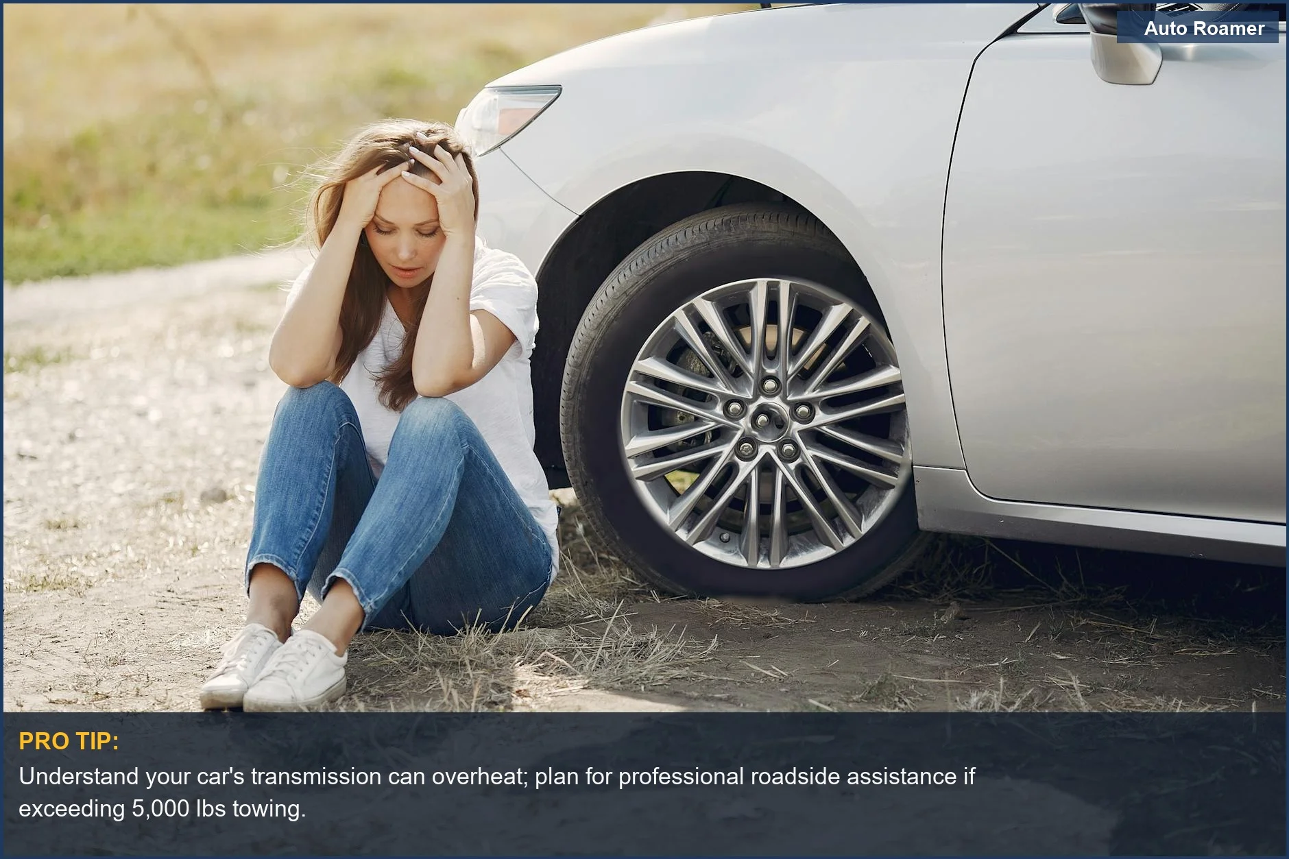Frustrated driver with a broken car on a sunny day needs roadside assistance for overloaded road trip gear.