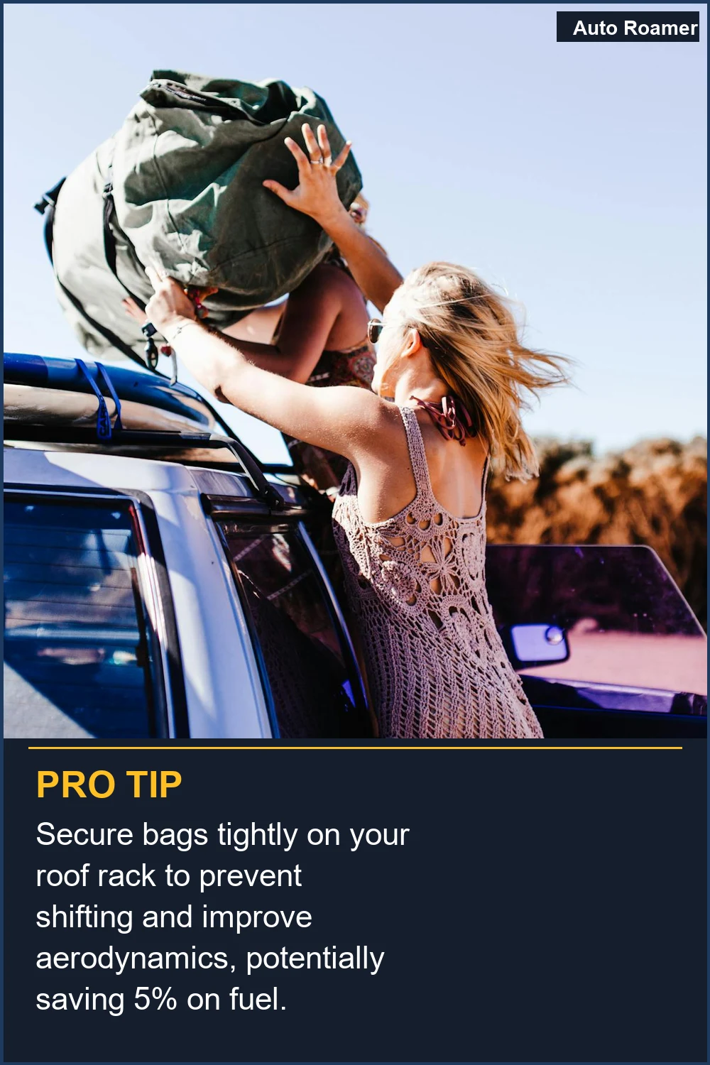 Secure bags tightly on your roof rack to prevent shifting and improve aerodynamics, potentially saving 5% on fuel.