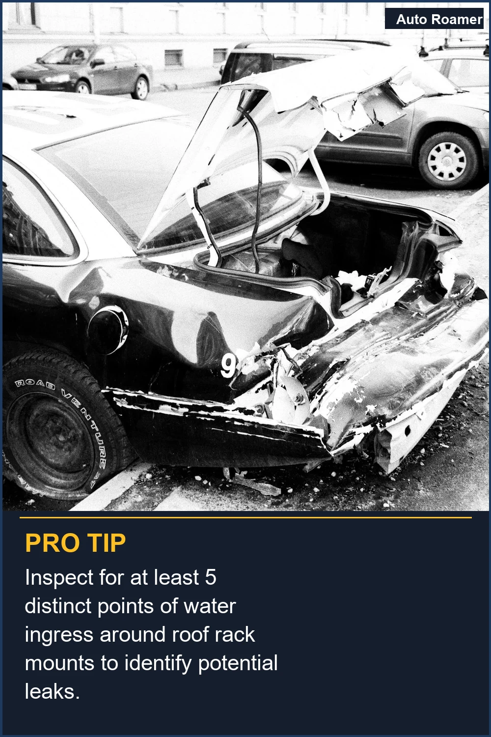 Inspect for at least 5 distinct points of water ingress around roof rack mounts to identify potential leaks.