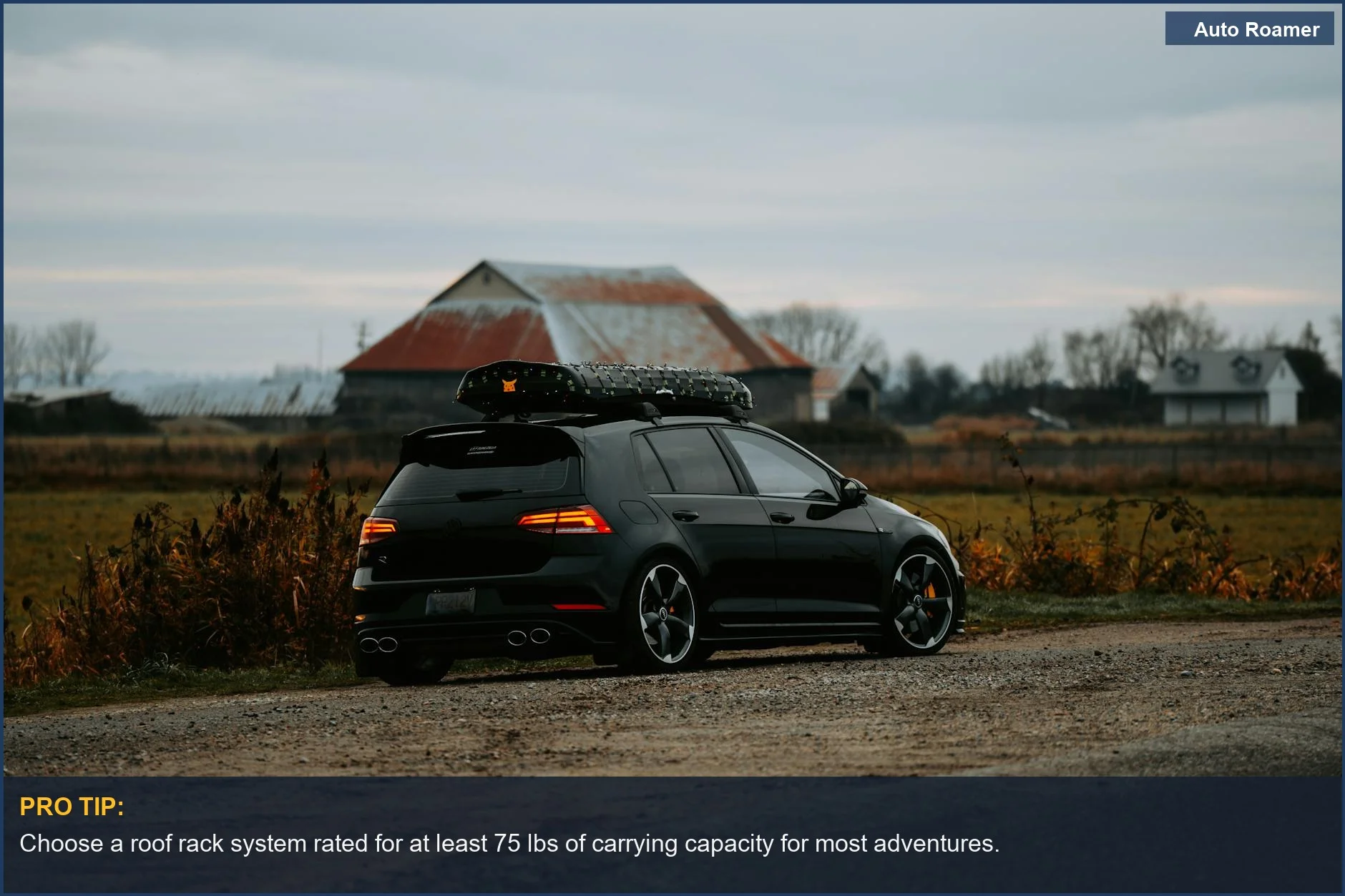 Stylish black hatchback with roof rack on rural dirt road, perfect for car rack mounting.