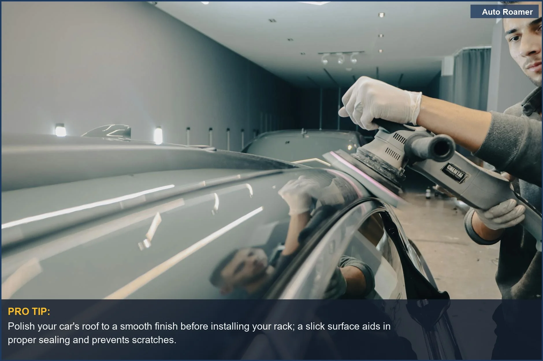 Professional polishing car roof to prepare for safe and secure roof rack mounting, enhancing shine.