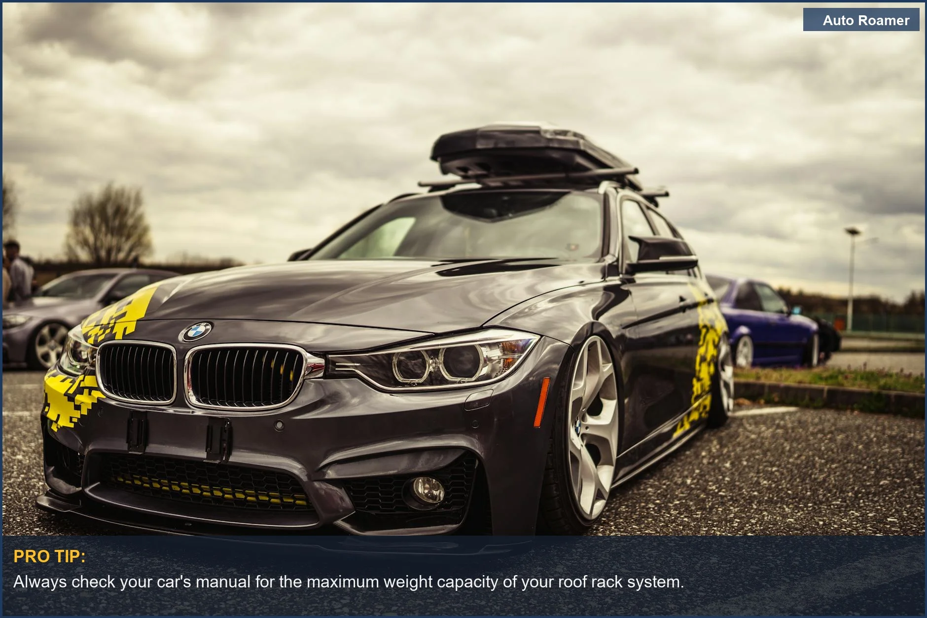 Stylish BMW sedan with a roof rack, highlighting car roof accessories for travel.