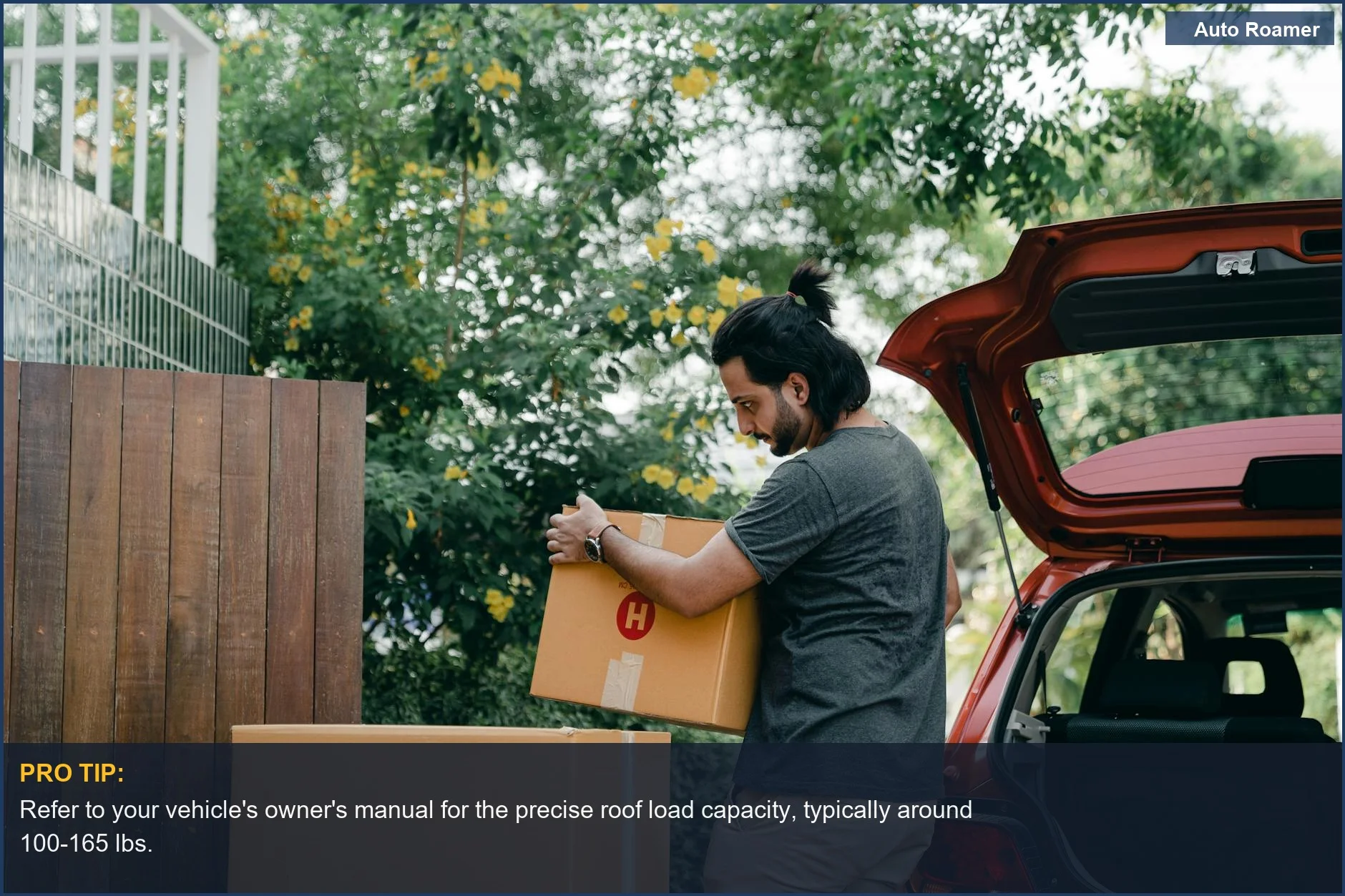 Young man carefully packing a box into a car, emphasizing car roof rack capacity awareness.