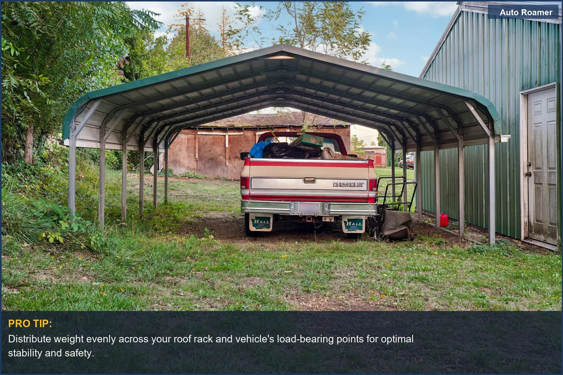Chevrolet truck loaded with gear under a carport, illustrating how much weight can a roof rack hold.