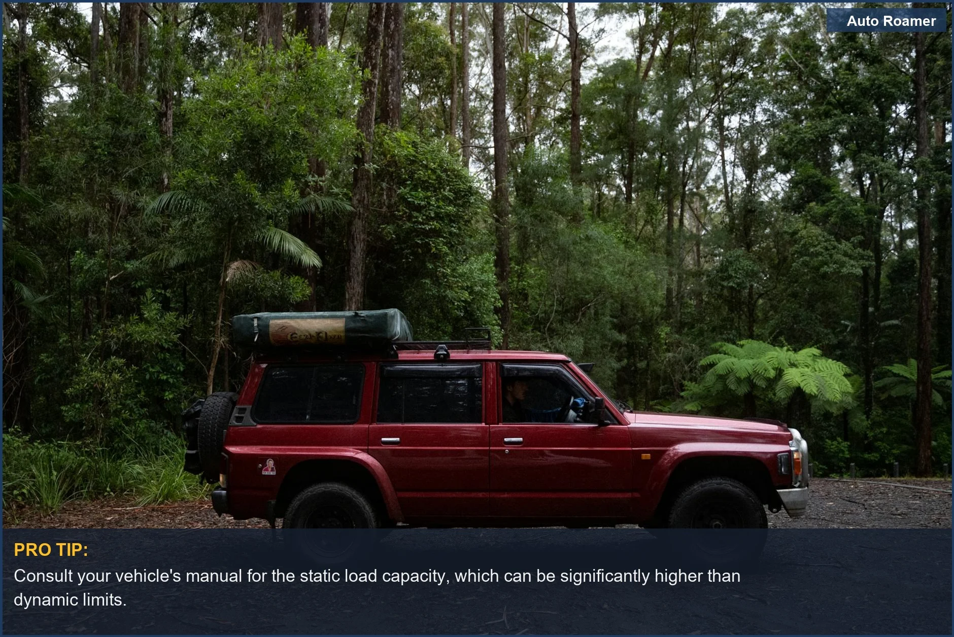 A red SUV with a roof cargo carrier parked on a forest path, showcasing a practical setup for car camping safety.