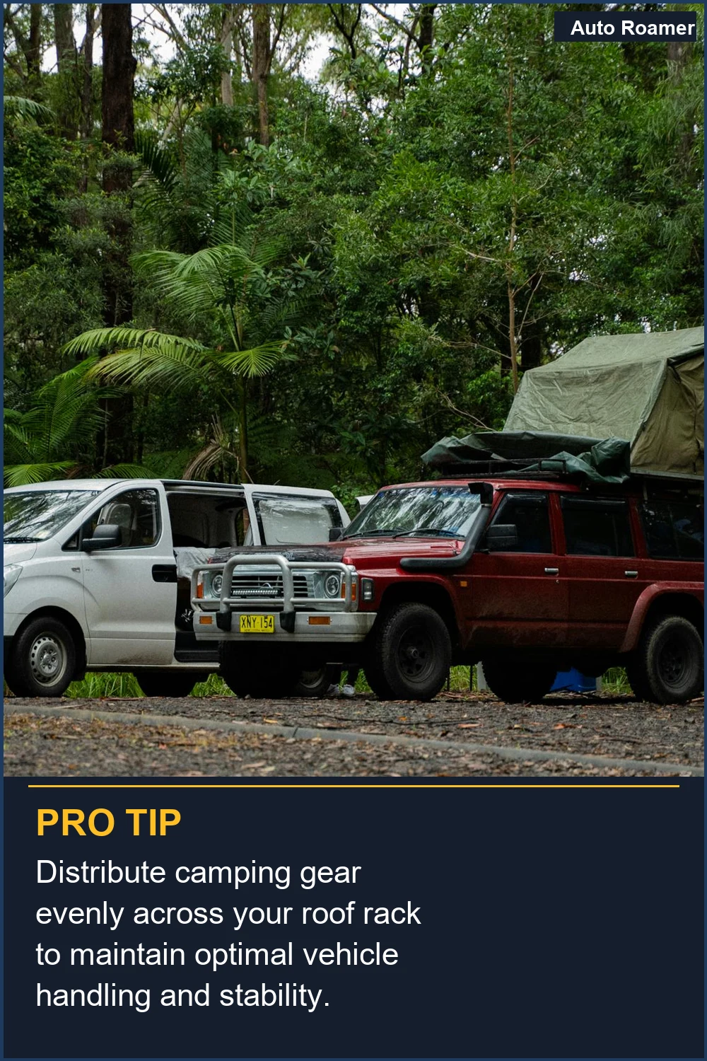 Distribute camping gear evenly across your roof rack to maintain optimal vehicle handling and stability.