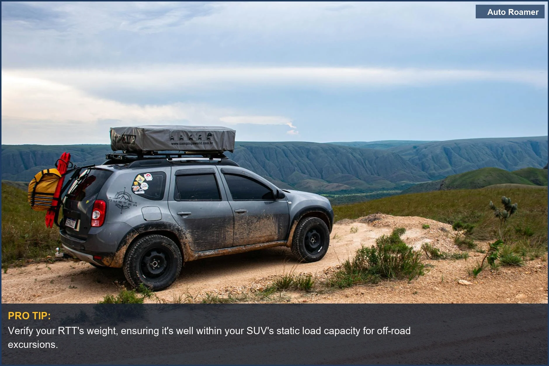Rugged 4x4 SUV tackling a dirt path, demonstrating the importance of RTT weight capacity.