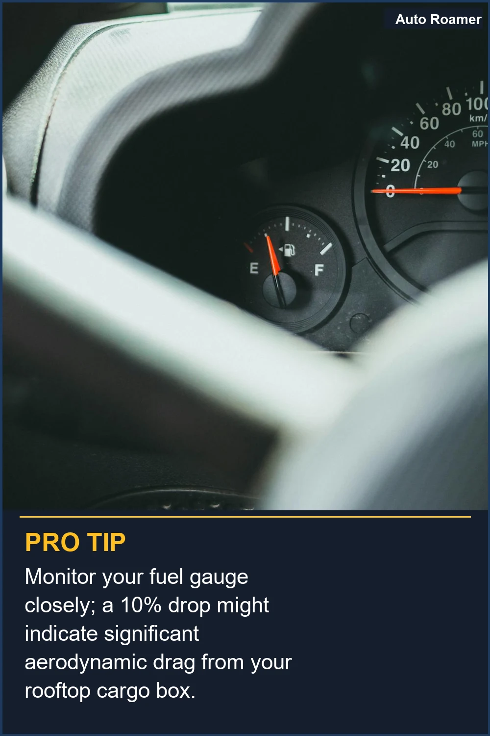 Monitor your fuel gauge closely; a 10% drop might indicate significant aerodynamic drag from your rooftop cargo box.