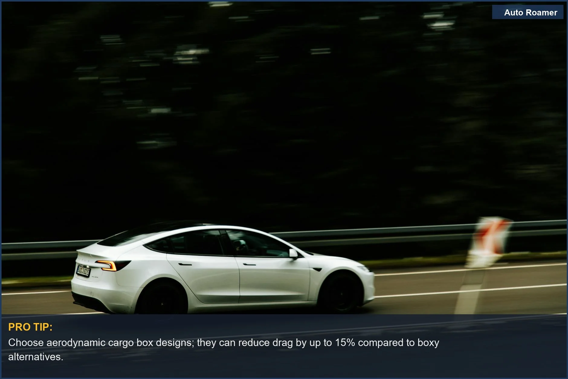 Modern electric car driving on a highway, demonstrating the importance of aerodynamics for efficient travel with cargo.