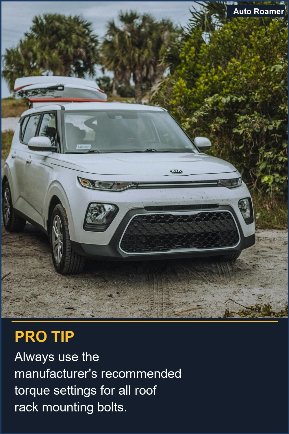 Always use the manufacturer's recommended torque settings for all roof rack mounting bolts.