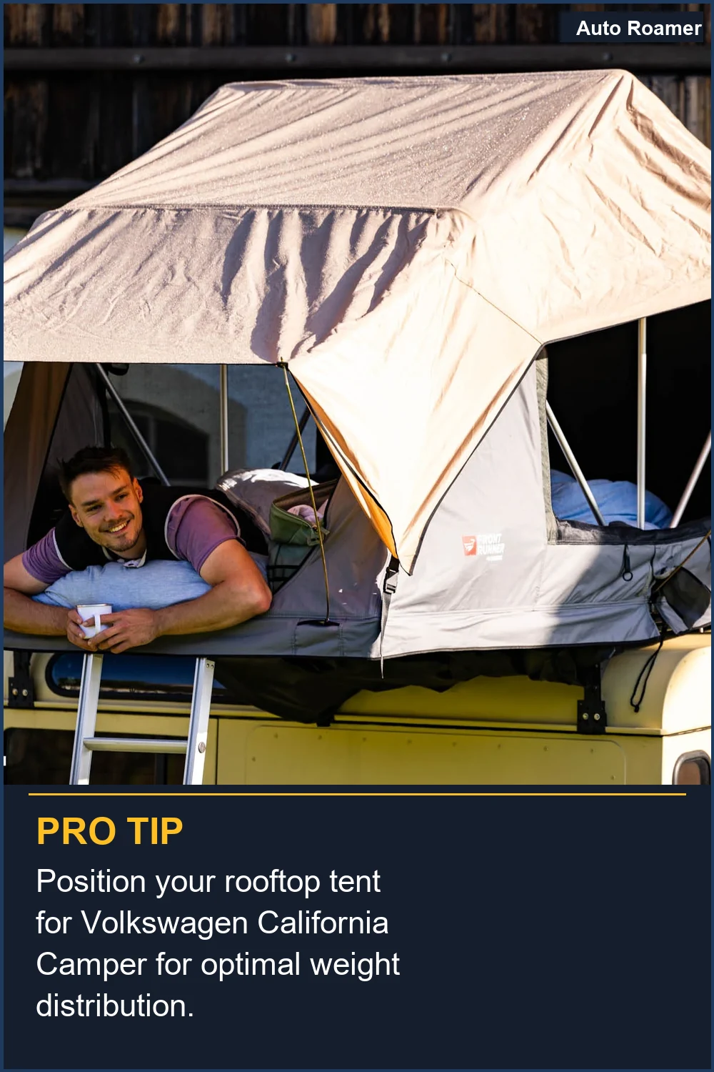 Position your rooftop tent for Volkswagen California Camper for optimal weight distribution.