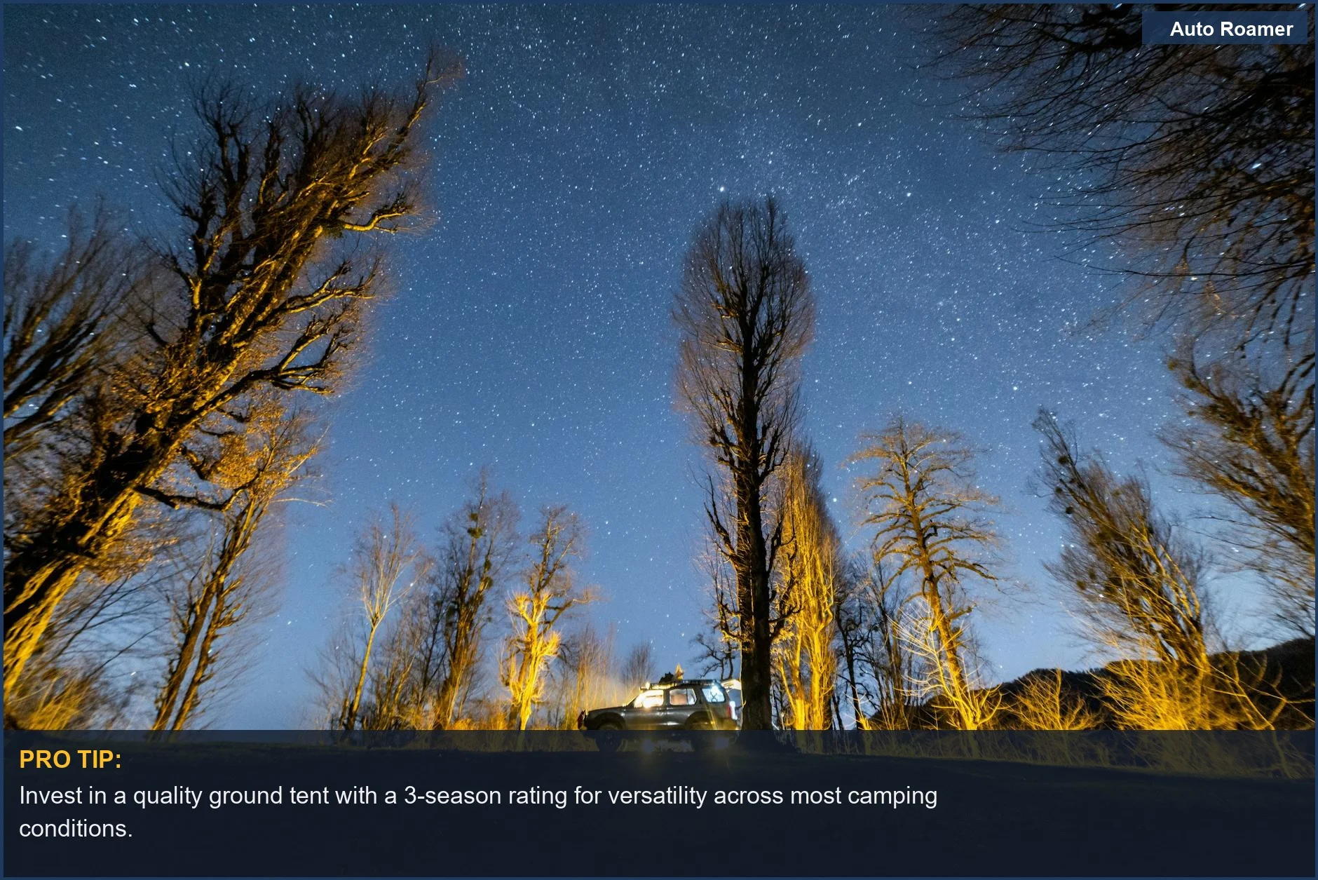 Car parked under a star-filled sky in a forest, ideal for ground tent vs rooftop tent.