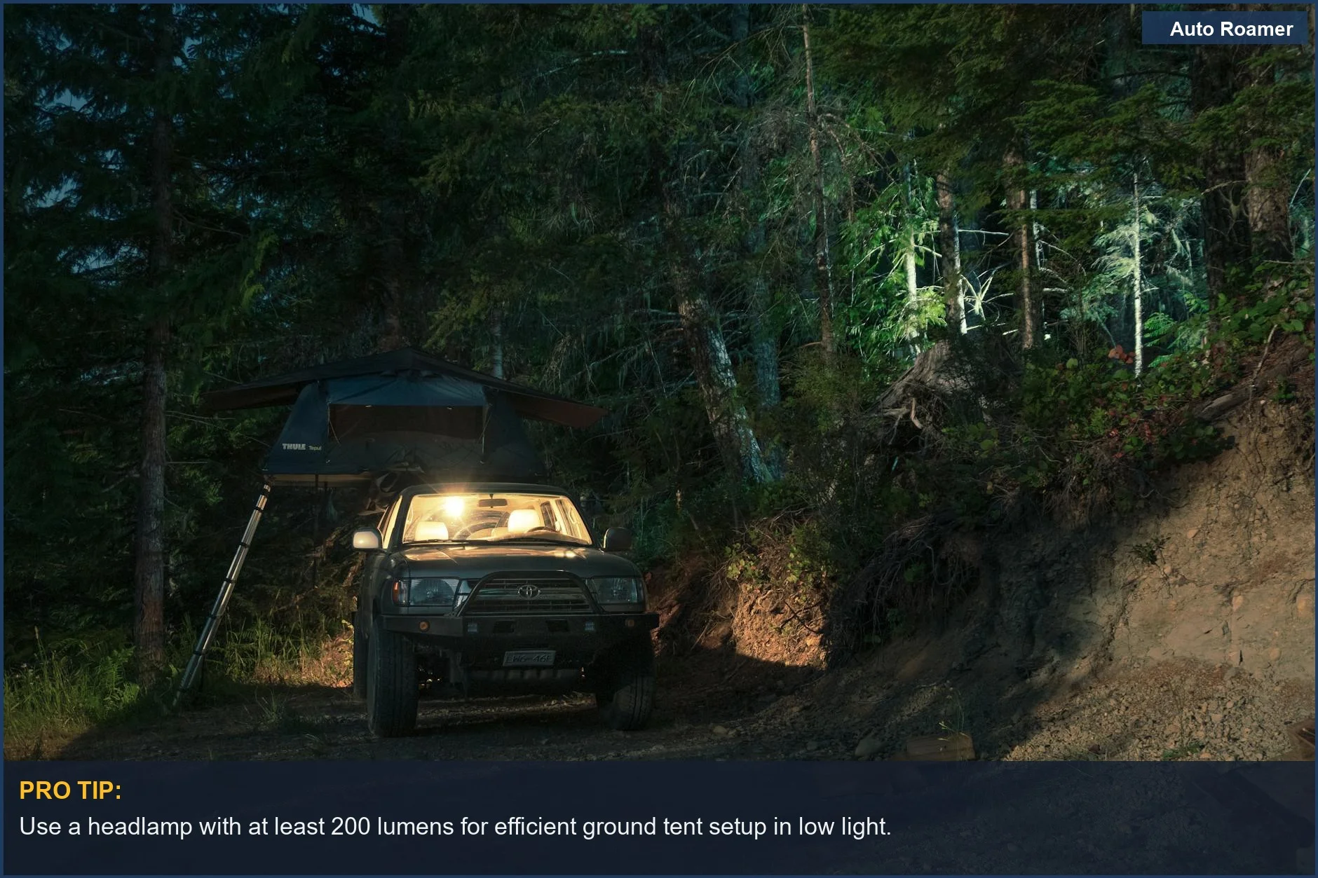 SUV with rooftop tent in a dark forest campsite, highlighting car camping tent comparison.