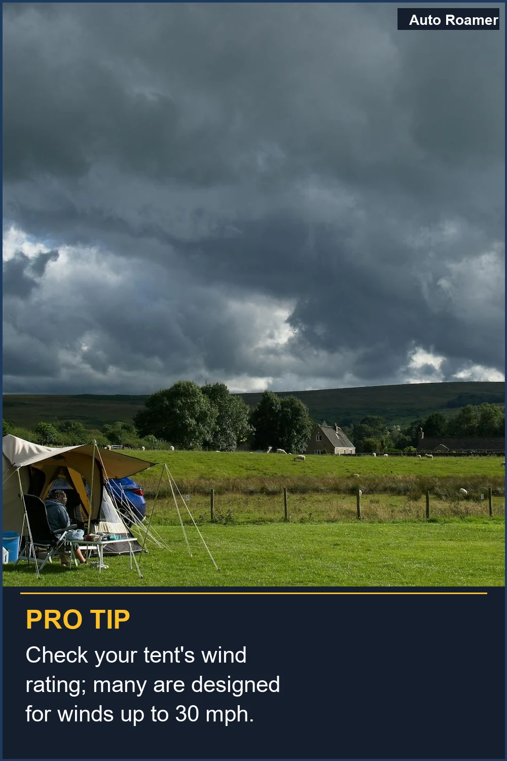 Check your tent's wind rating; many are designed for winds up to 30 mph.