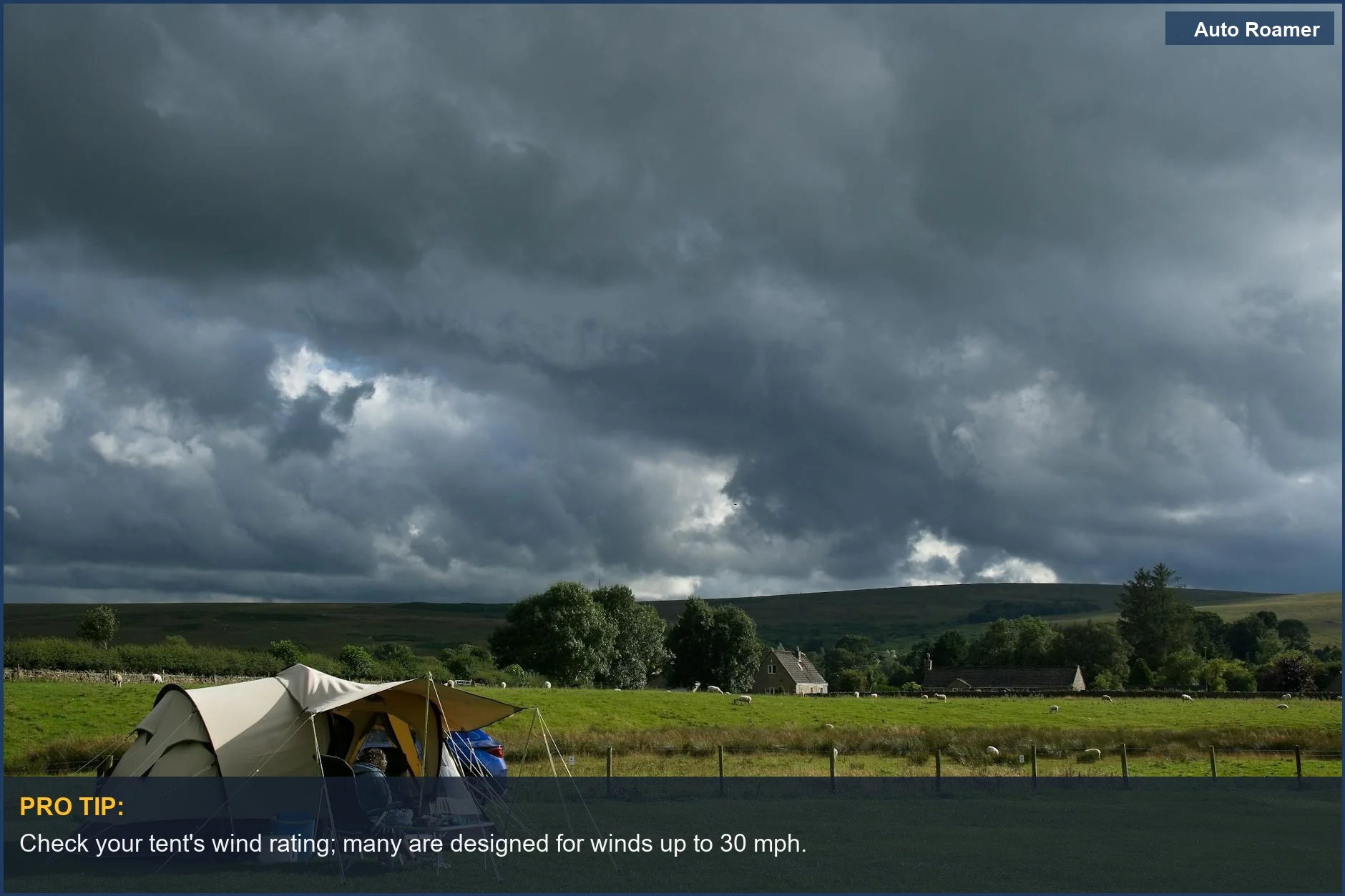 VW California camper campsite in Bellingham with dark clouds, highlighting tent durability concerns.
