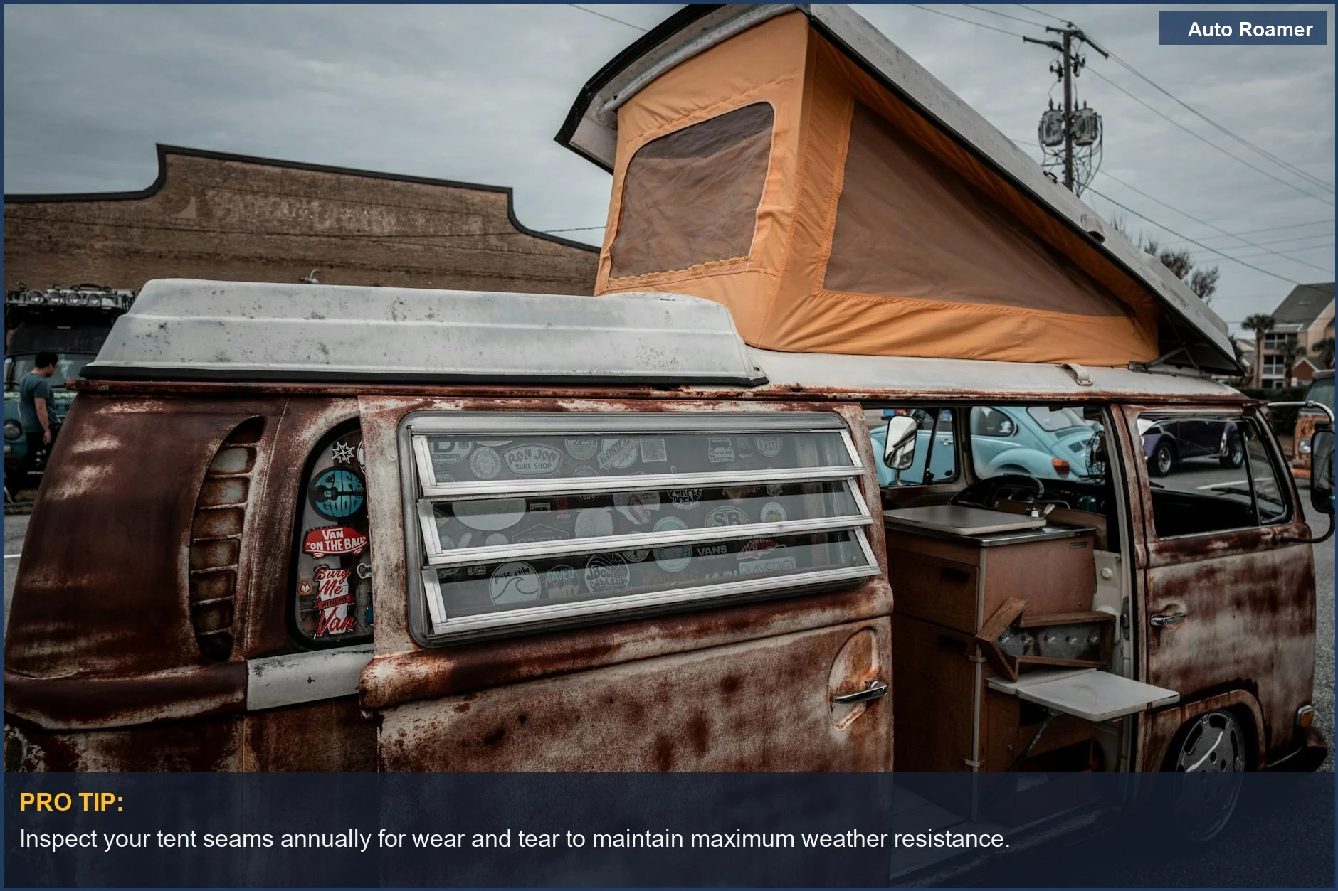 Vintage Volkswagen microbus with rooftop tent setup, perfect for VW California camper camping.