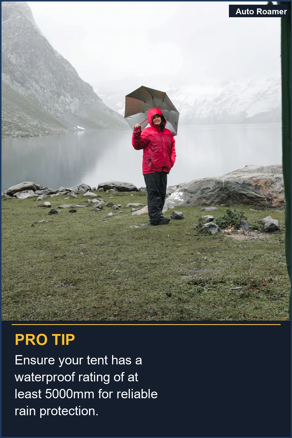 Ensure your tent has a waterproof rating of at least 5000mm for reliable rain protection.