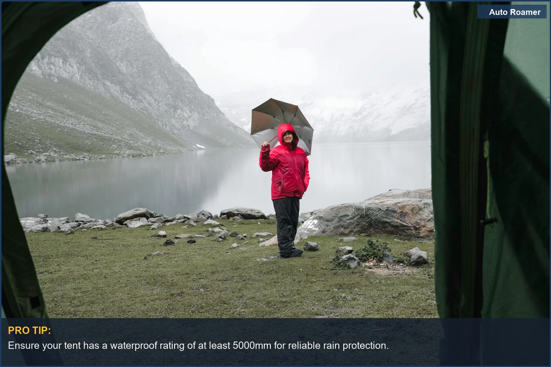 Woman enjoys scenic mountainous campsite with a tent, showcasing all-weather rooftop tent potential.