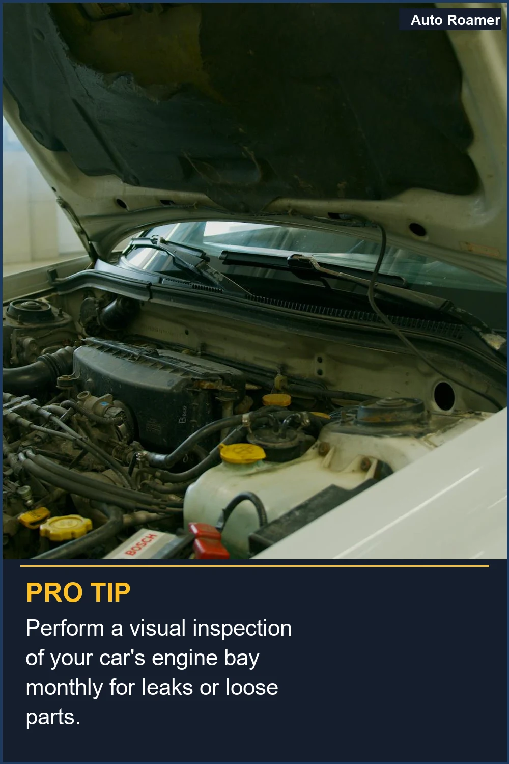 Perform a visual inspection of your car's engine bay monthly for leaks or loose parts.