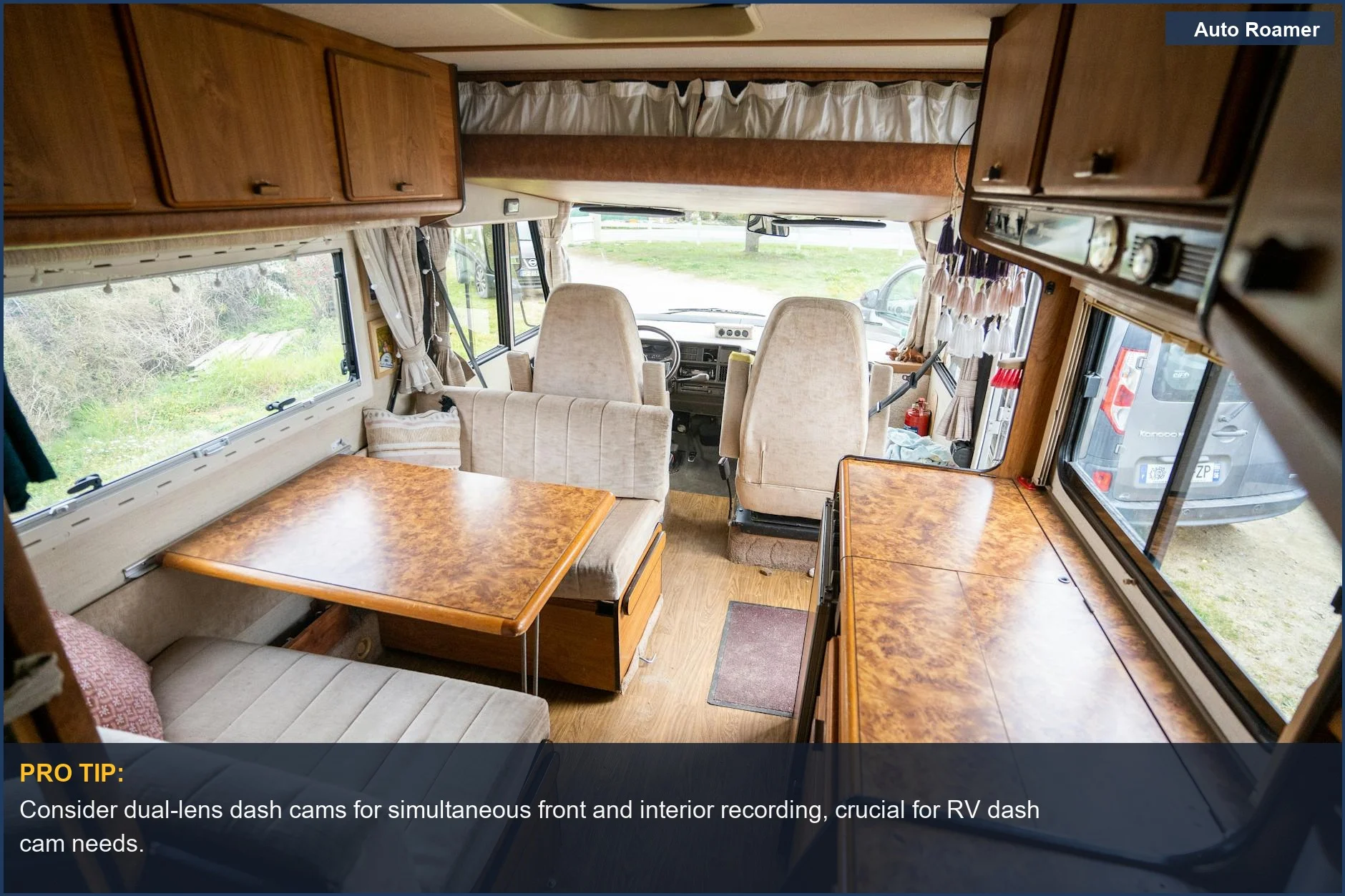 Interior of a classic camper van showing cozy wooden furniture, relevant to RV dash cam needs.