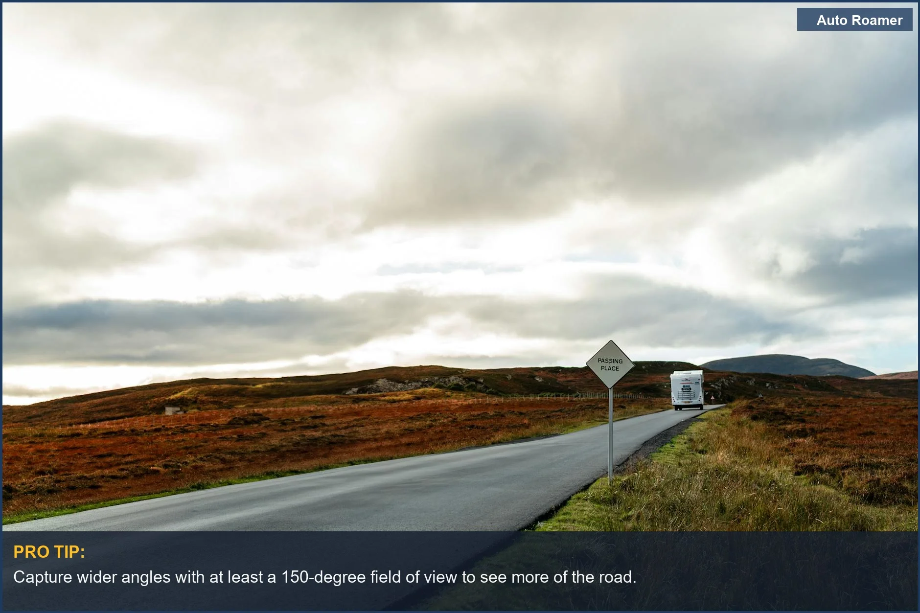 Large RV driving on an autumn road, highlighting the need for a vehicle size dash cam.