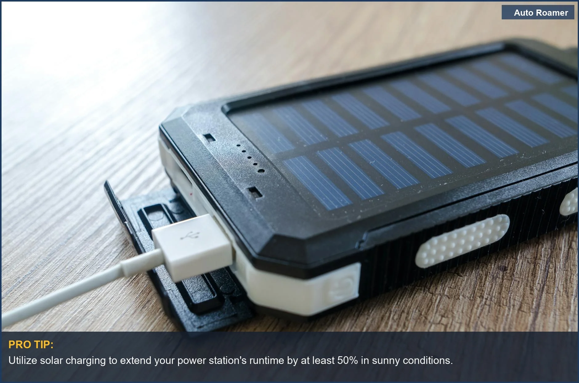 Close-up of a solar charger with USB connection, demonstrating modern power station technology for dashcams.