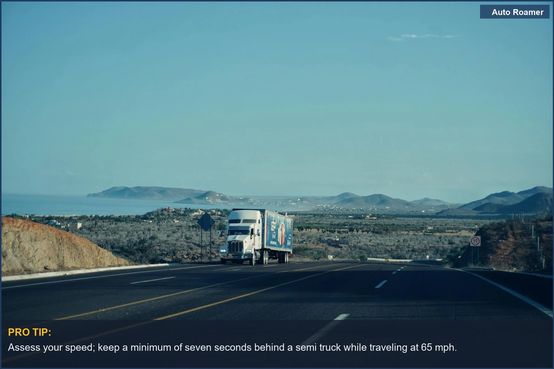 Semi-truck on a scenic highway with mountains in the background, illustrating safe driving practices