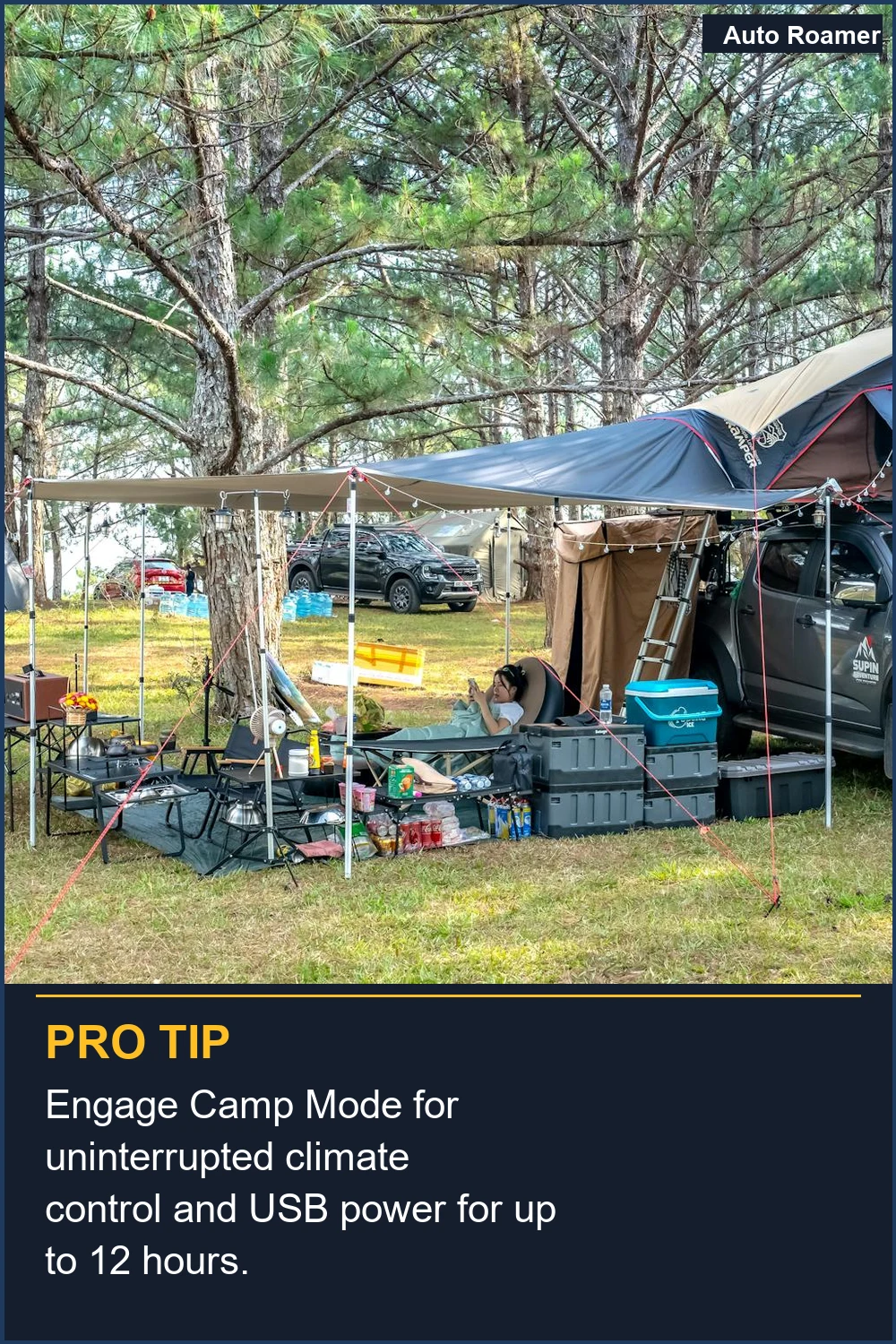 Activa el Modo Campamento para un control climático ininterrumpido y energía USB hasta por 12 horas.