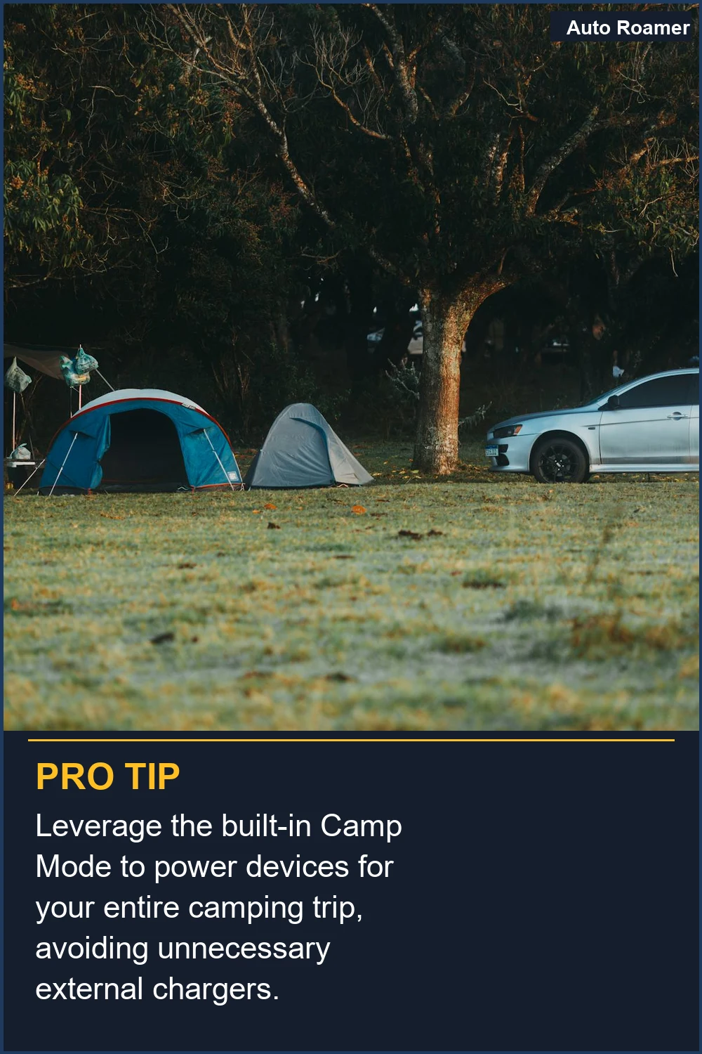 Aprovecha el Modo Campamento integrado para alimentar dispositivos durante todo tu viaje de camping, evitando cargadores externos innecesarios.