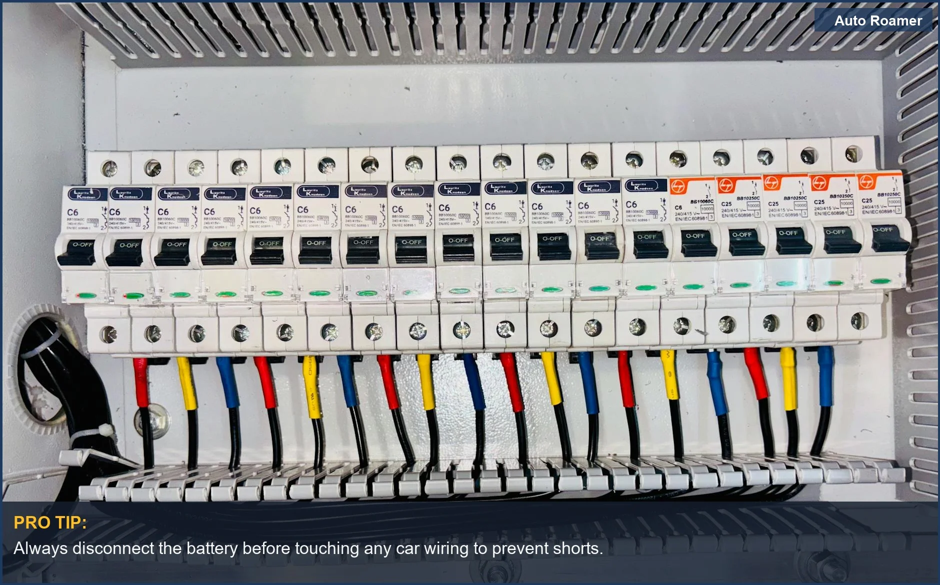 Organized car fuse box with color-coded wires, essential for safe dashcam installation.