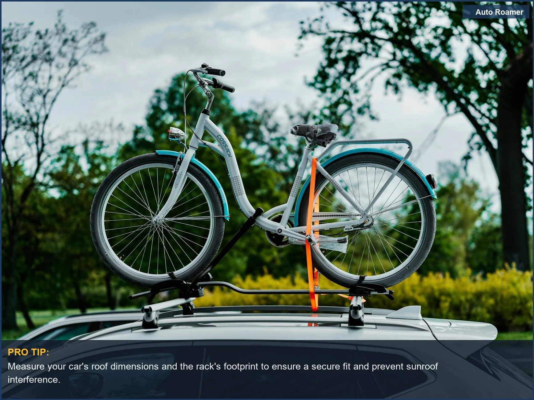 Scenic outdoor shot of a bicycle on a car roof rack, ideal for adventure and travel.