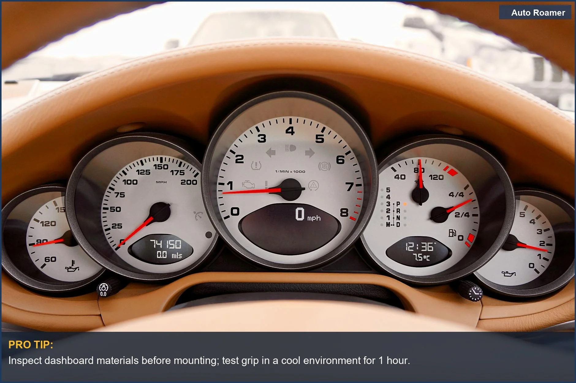 Detailed car dashboard with speedometer and odometer, crucial for understanding mounting locations.