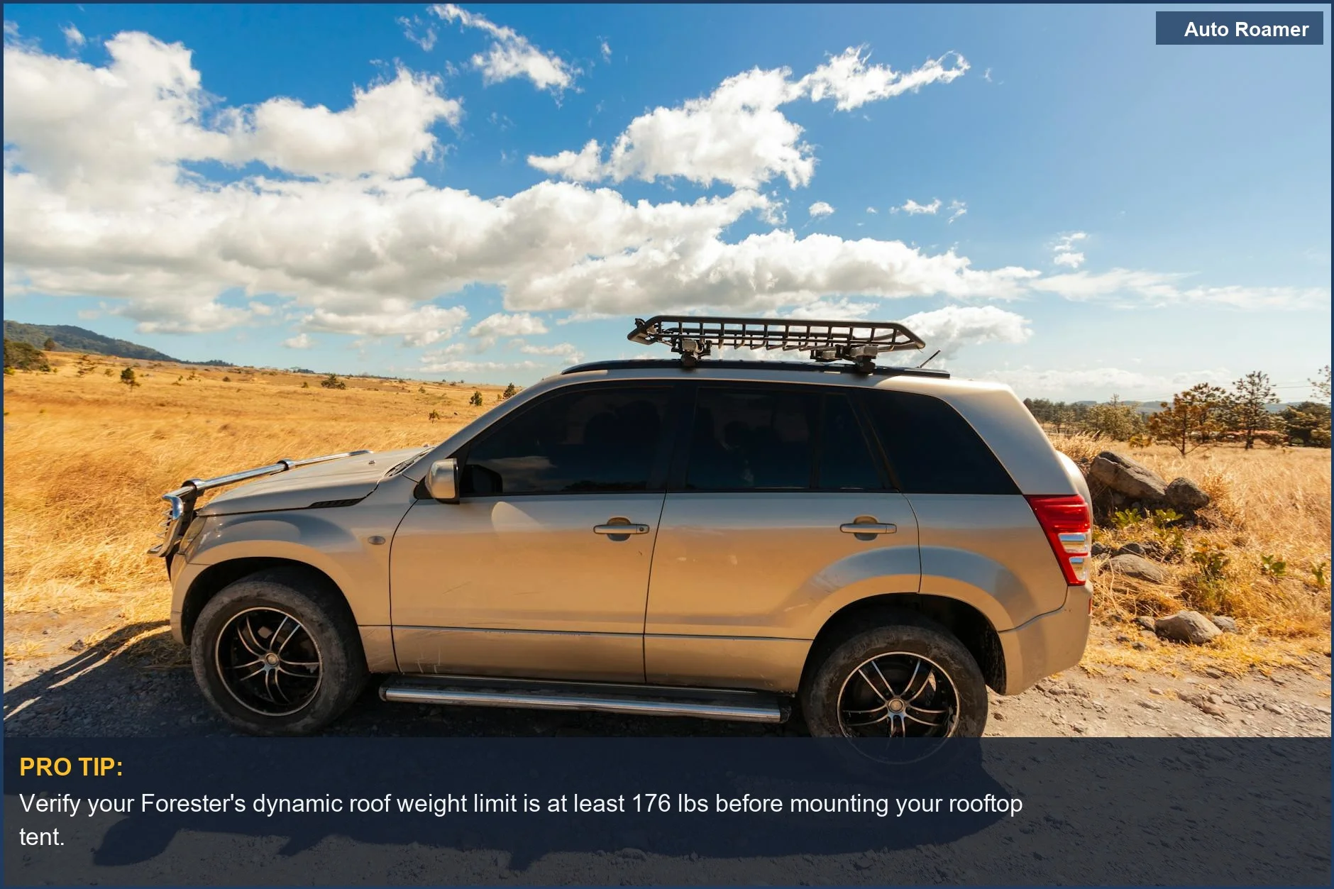 Silver Subaru Forester parked in a scenic countryside, highlighting vehicle modifications for rooftop tent mounting.