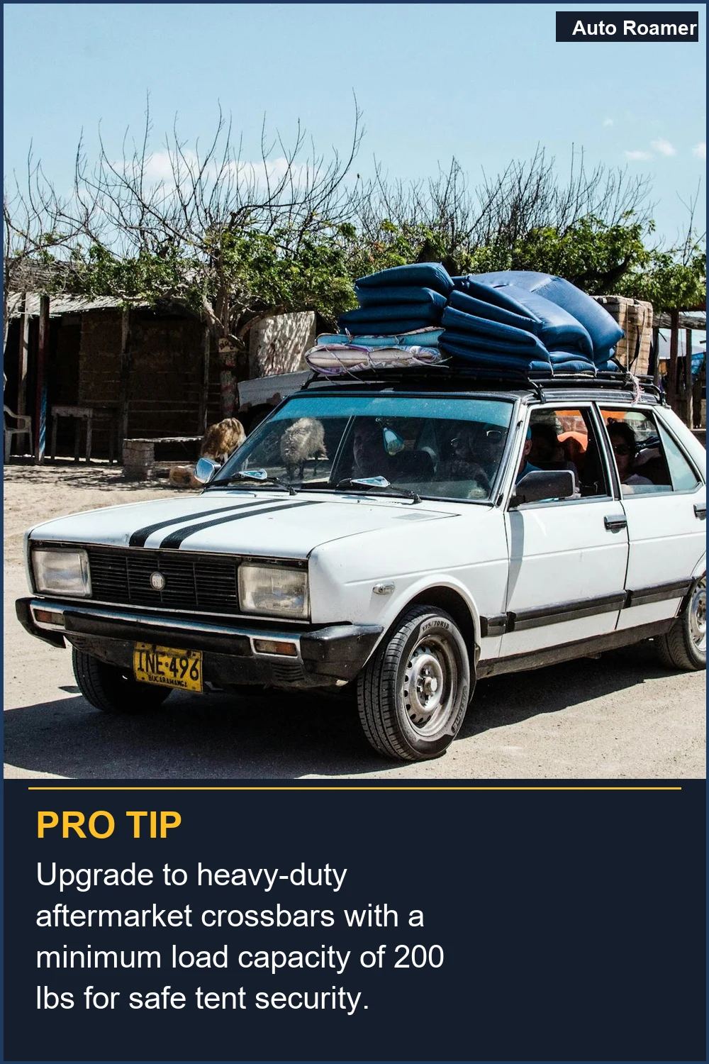 Upgrade to heavy-duty aftermarket crossbars with a minimum load capacity of 200 lbs for safe tent security.