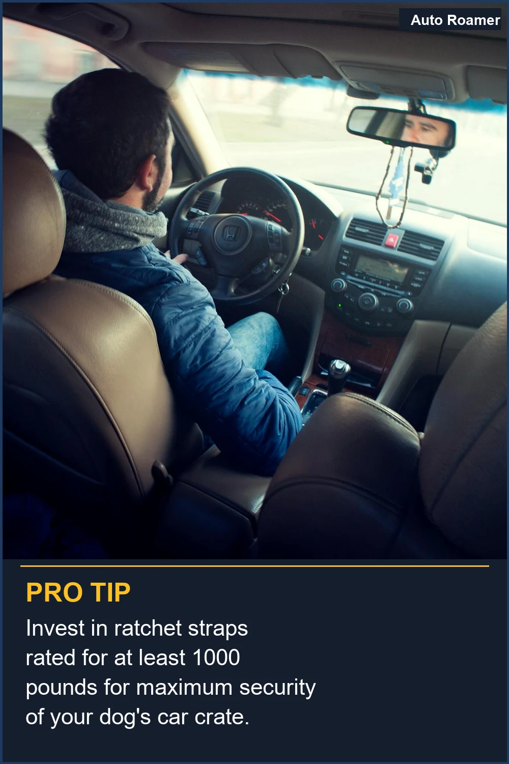 Invest in ratchet straps rated for at least 1000 pounds for maximum security of your dog's car crate.