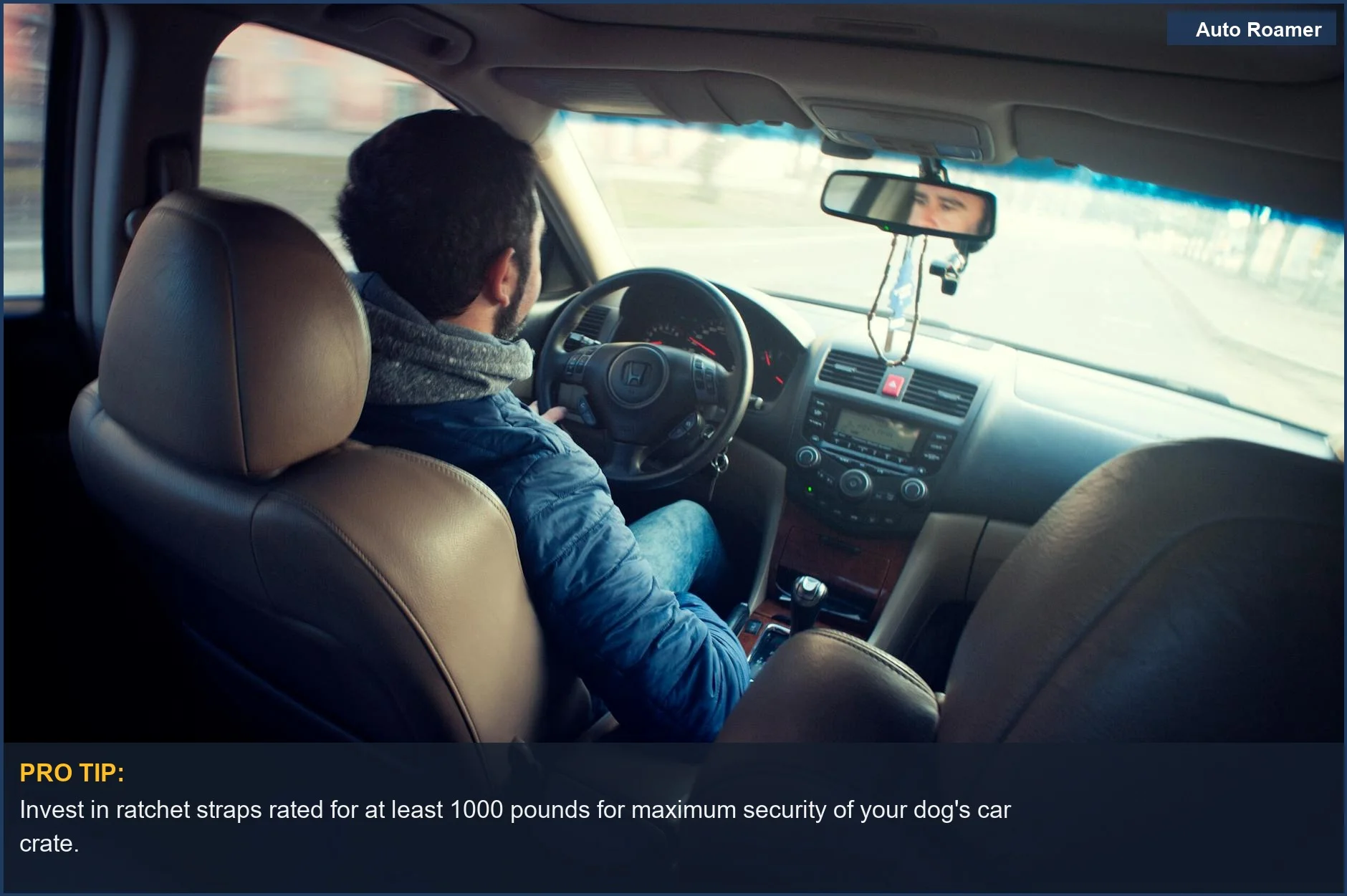 View from backseat of man driving, showing dashboard and steering wheel, key for understanding how to secure dog crate in car.