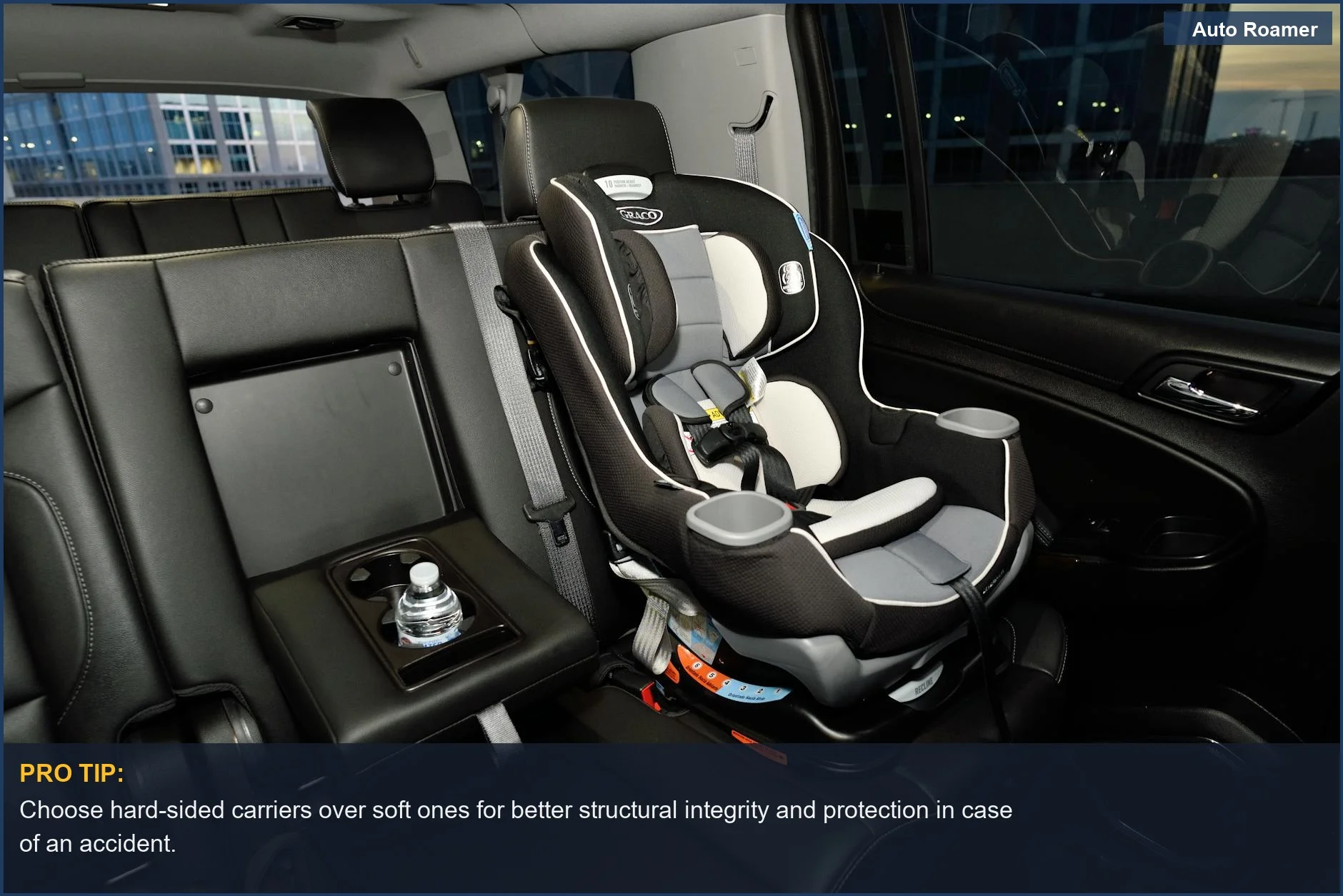 Modern car interior with a securely installed safety car seat for family travel and pets.