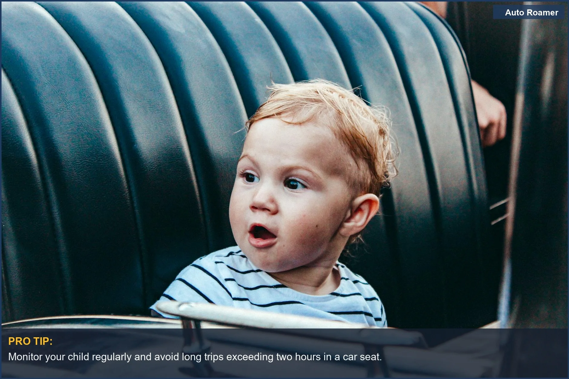 Surprised child in a car seat, demonstrating secure positioning for safety.