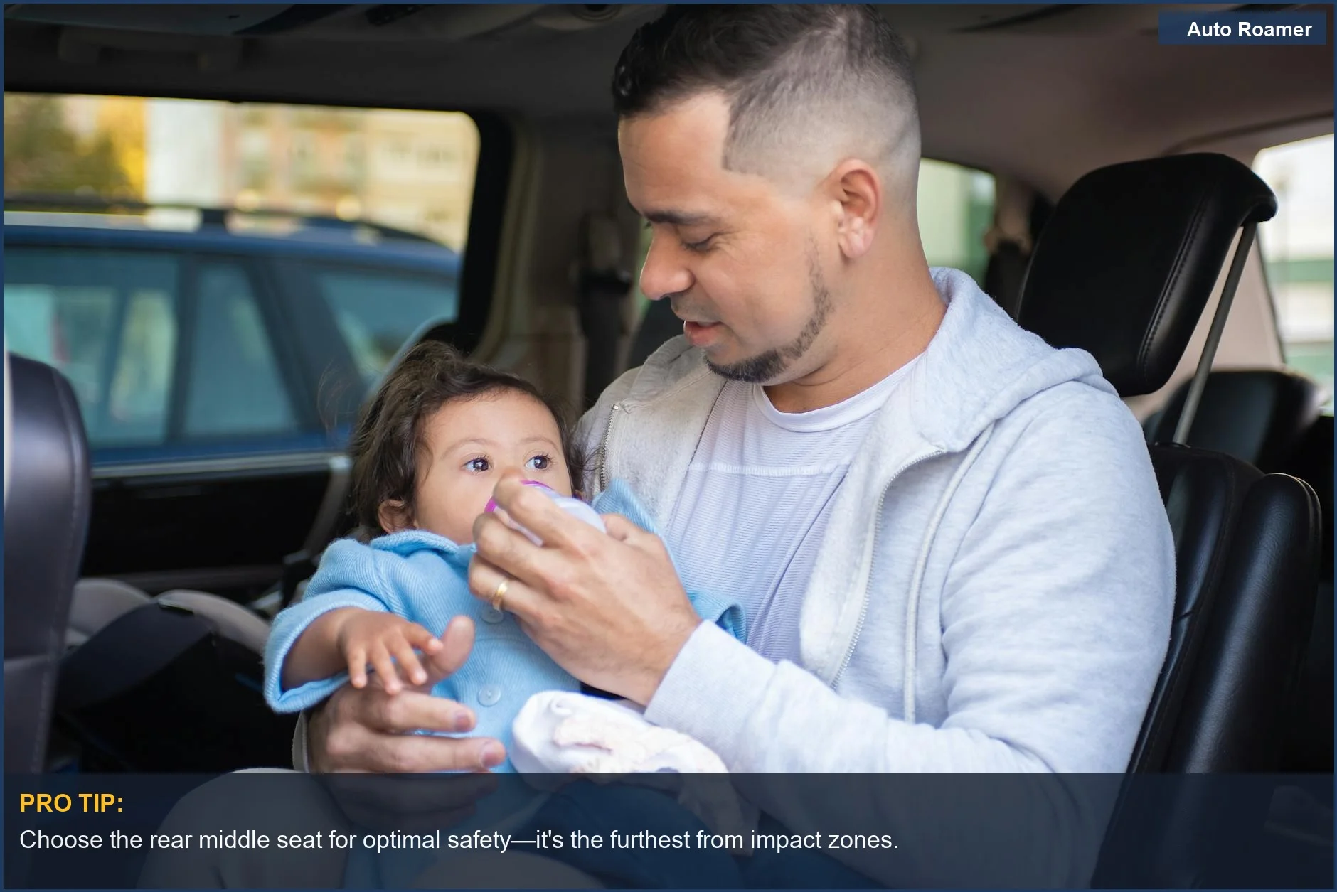 Father feeding baby in car seat, showcasing safest spot for car seat in vehicle.