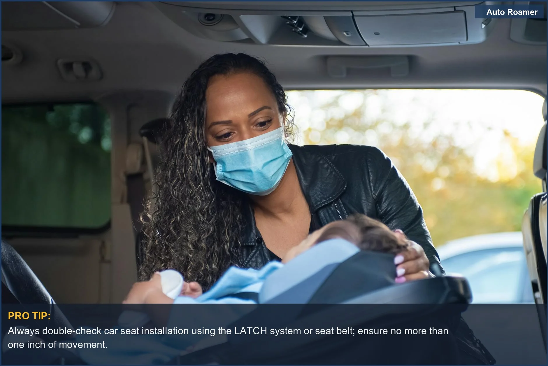 Mother carefully buckles baby into FAA-approved car seat, ensuring traveling with infants is safe and secure.