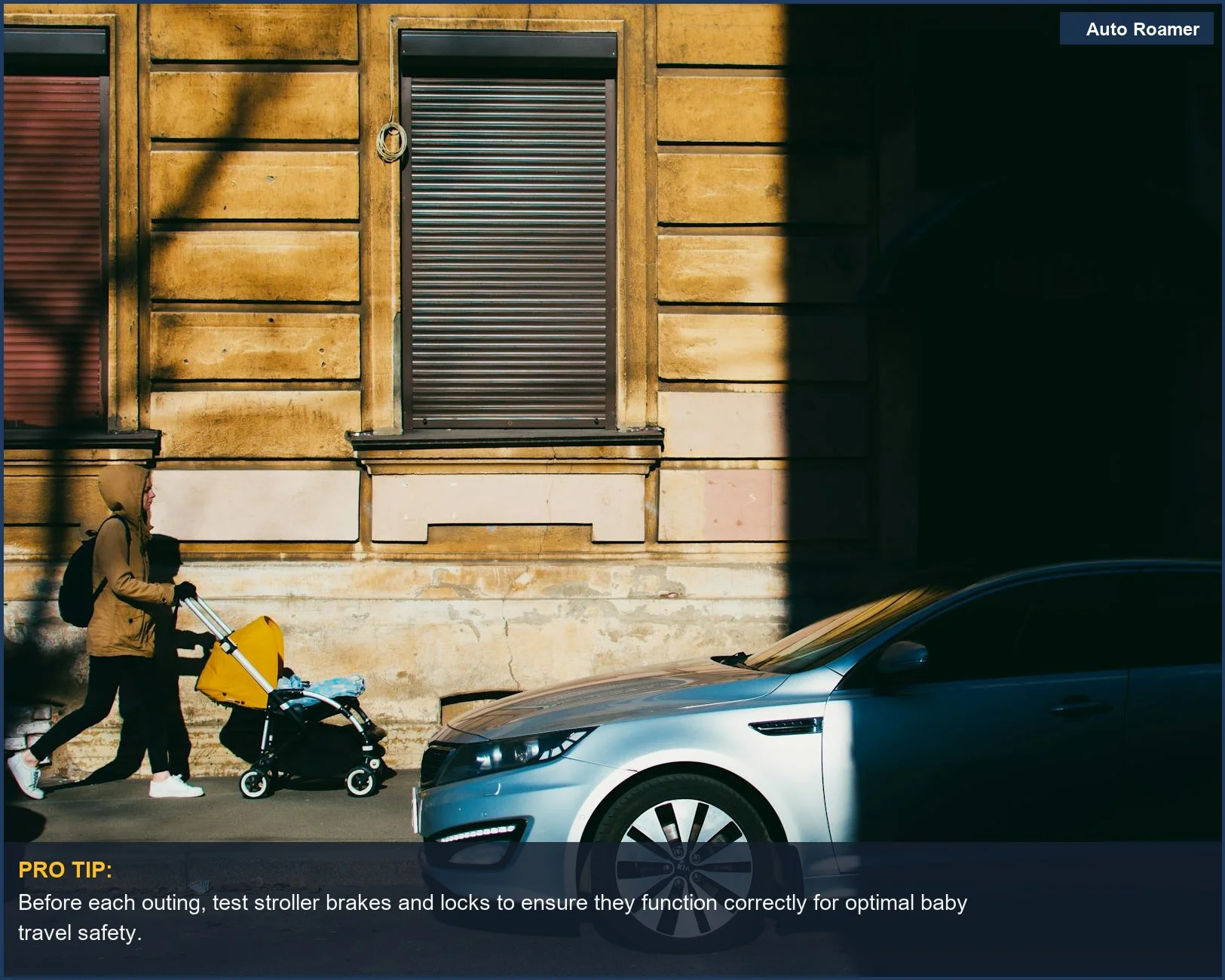 Woman pushing a baby stroller on a sunny sidewalk, highlighting safe baby gear choices for travel.