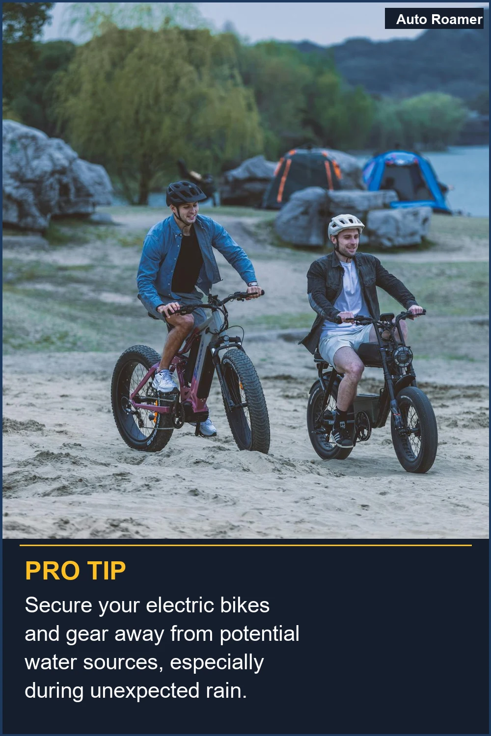 Secure your electric bikes and gear away from potential water sources, especially during unexpected rain.