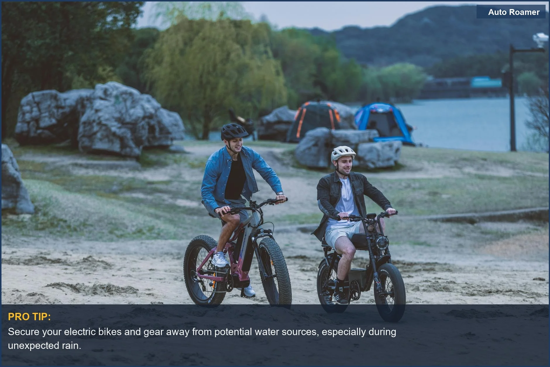 Men ride electric bikes near tents, highlighting car camping tips for power usage.